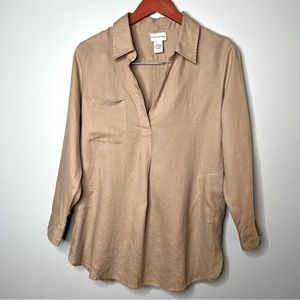Soft Surroundings Tan Long Sleeve 100% Linen Collared Tunic Top Size PS Pockets
